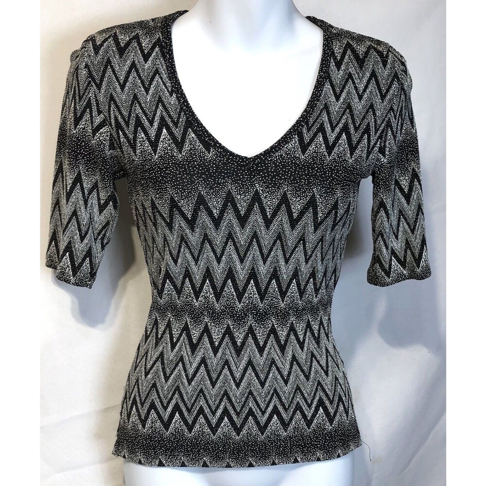 Vintage 90s A Byer Top S Silver Blk Chevron Beaded Mesh Metal Glam Fairy